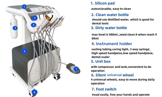 Unidad de carrito de dentista Conjuntos móviles de tratamiento para cirugía dental Turbina móvil dental de bajo ruido 550W carrito móvil dental