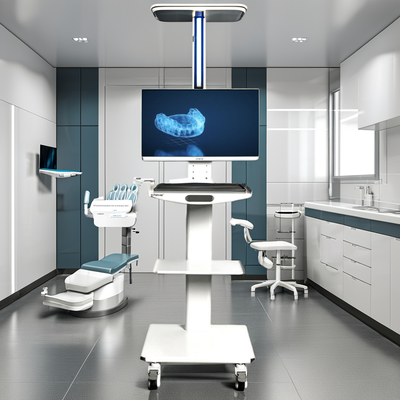 Carro móvil para escáner oral dental de color blanco con soporte para monitor, carro de instrumentos dentales de metal, carro dental portátil