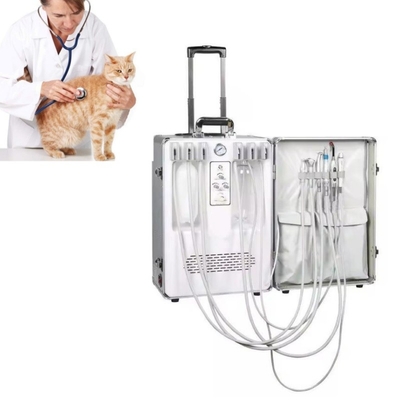Tratamiento dental de animales Veterinario utiliza unidad dental portátil con conjunto completo de instrumentos