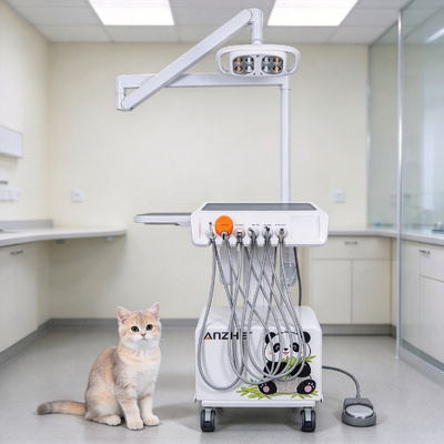 Carrito dental móvil con lámpara de examen LED de 8 ojos construido en compresor de aire sin aceite silencioso y escalador ultrasónico de pájaro de leña